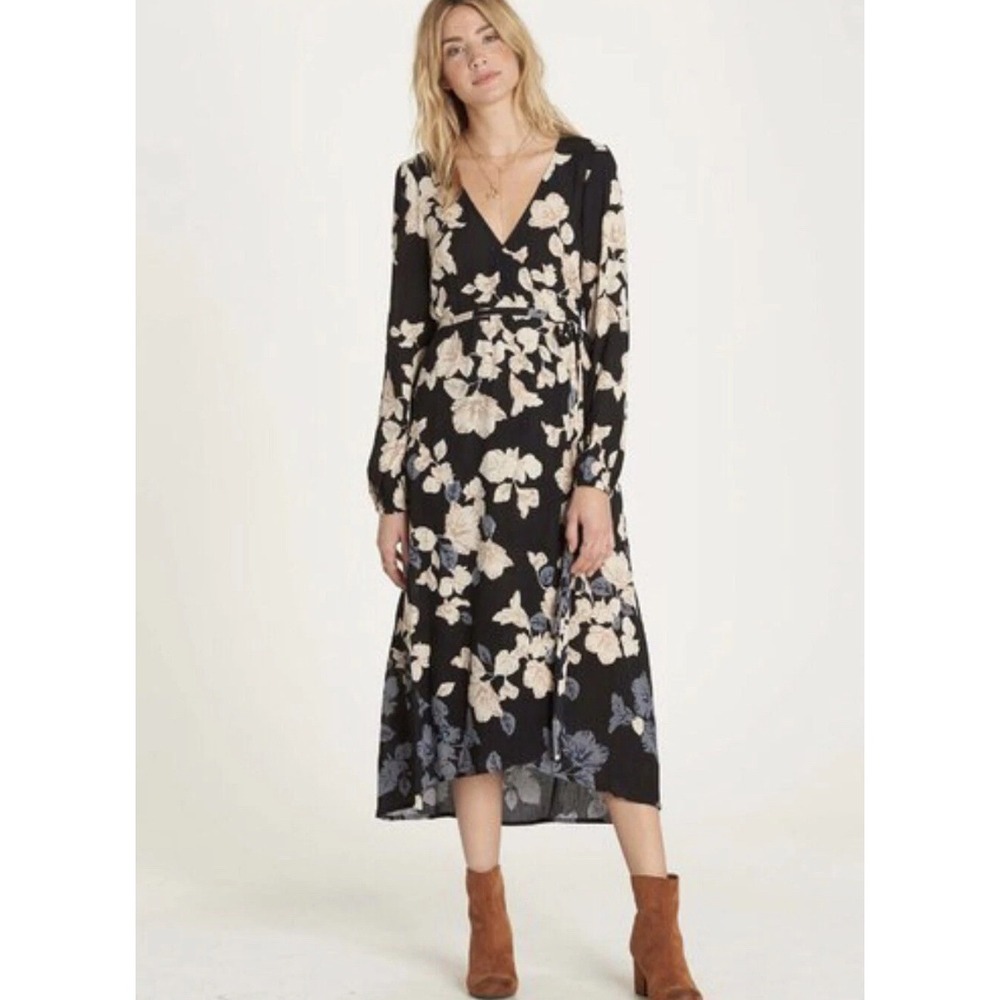 Billabong High Low Dark Floral Wrap Midi Dress Size M Long Sleeves Boho Feminine